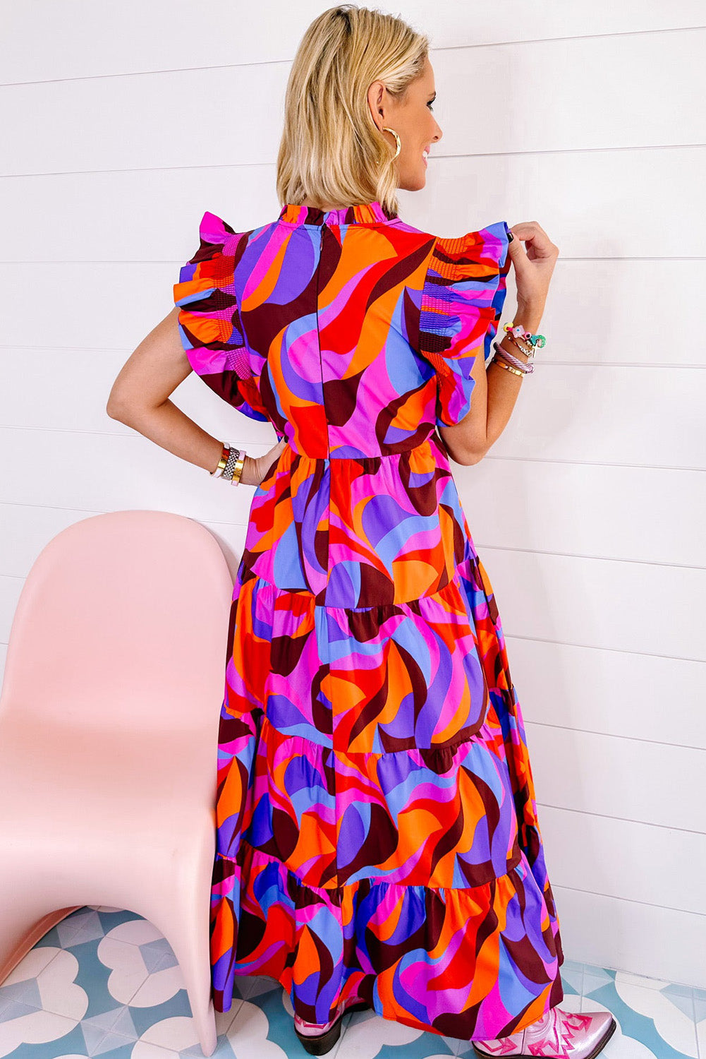 Abstract Print Ruffled Maxi Dress