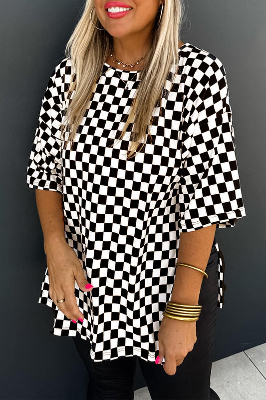 Black Checkered Side Slits T-Shirt