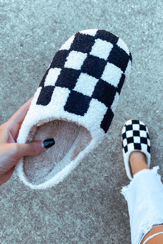 Black Checkered Print Fuzzy Slippers