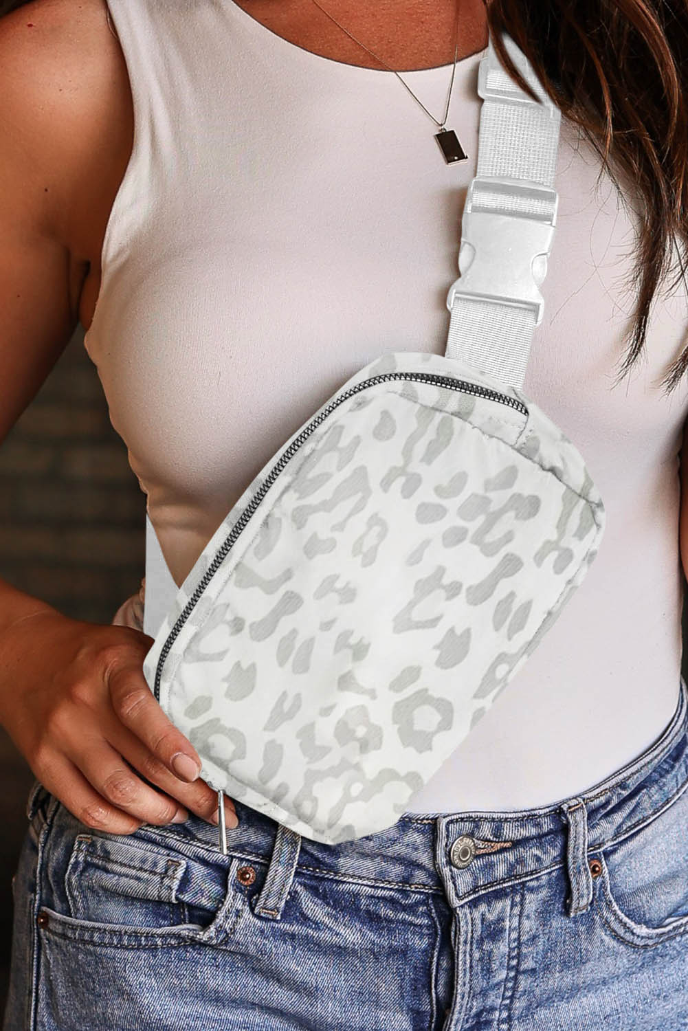 White Leopard Print Buckle Canvas Bag