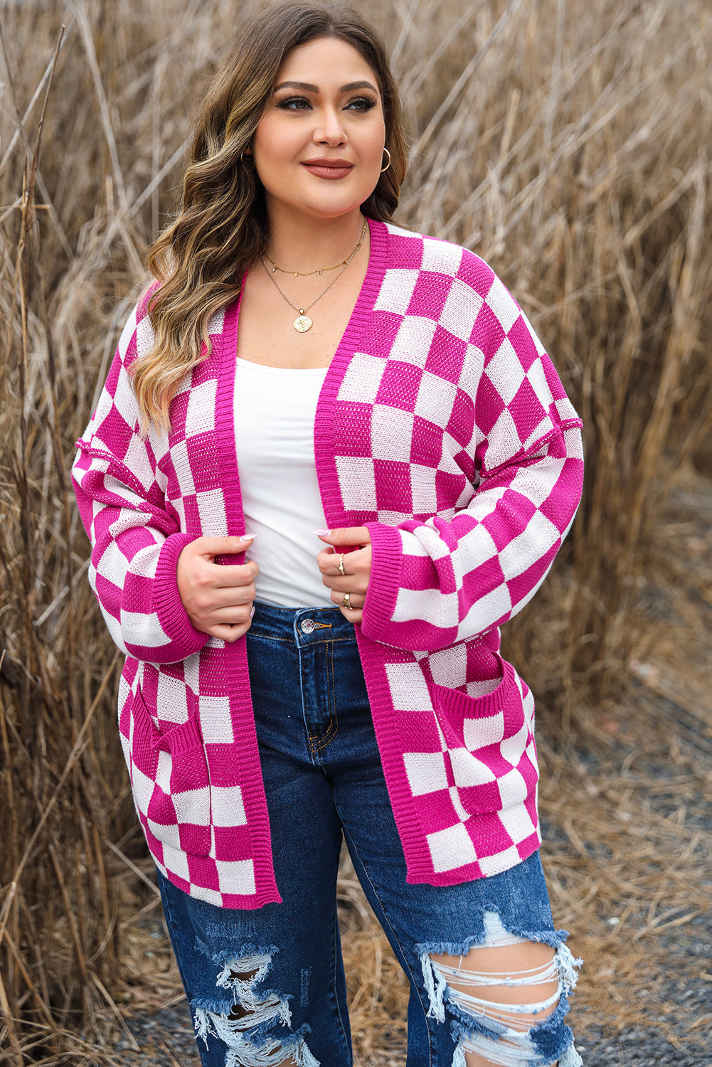 Bonbon Checkered Pattern Cardigan