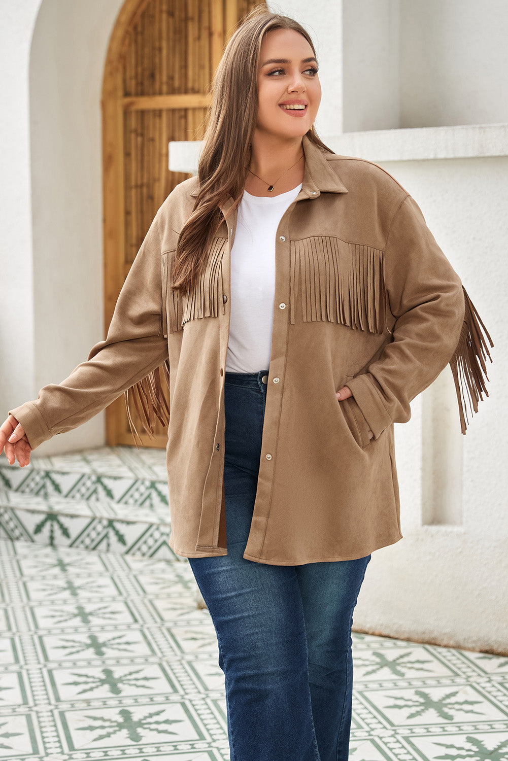 Khaki Fringe Trim Suede Shacket