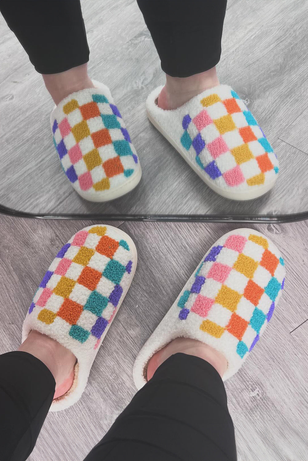 White Checkered Plush Thermal Slippers