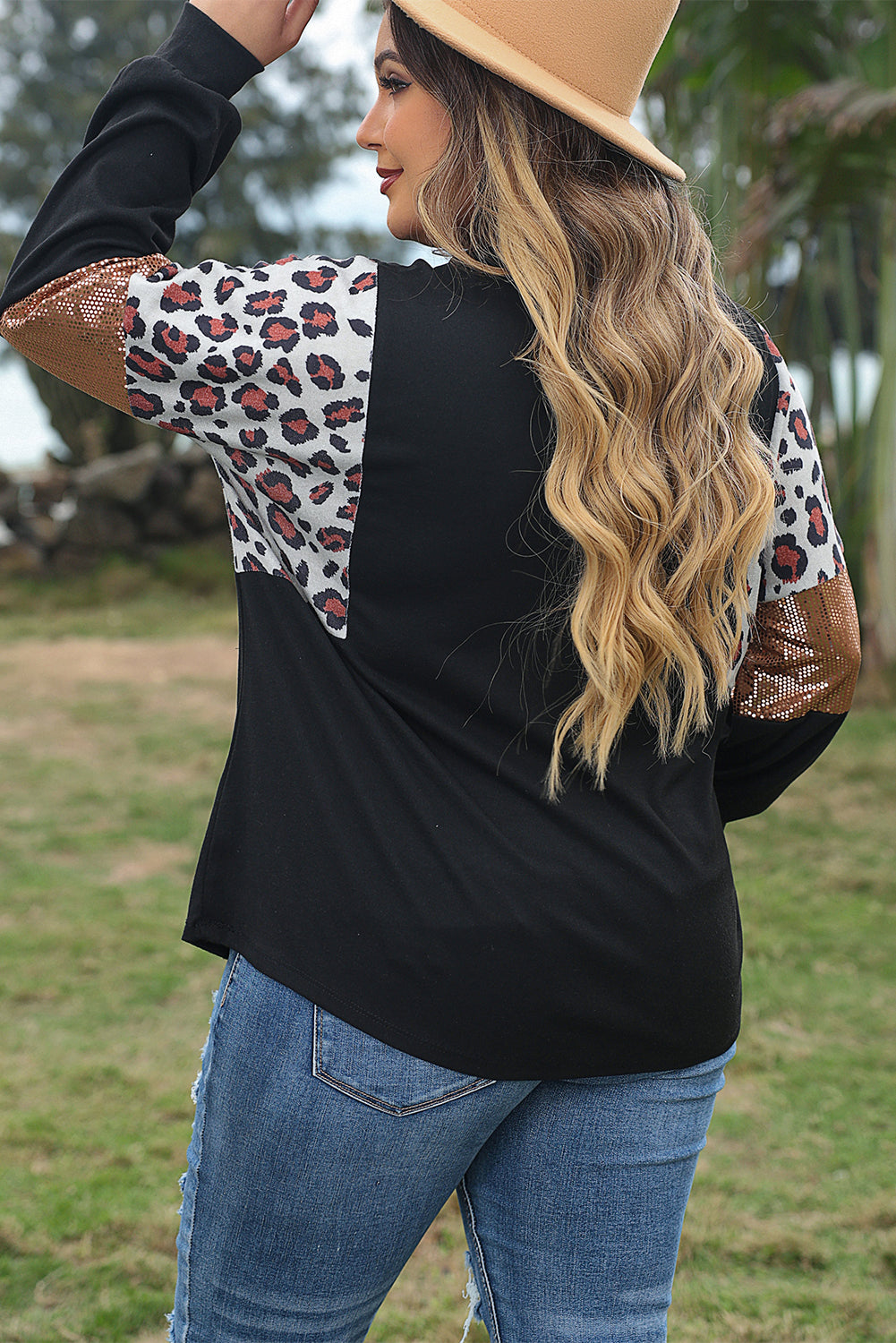 Black Leopard Sequin Patch Top