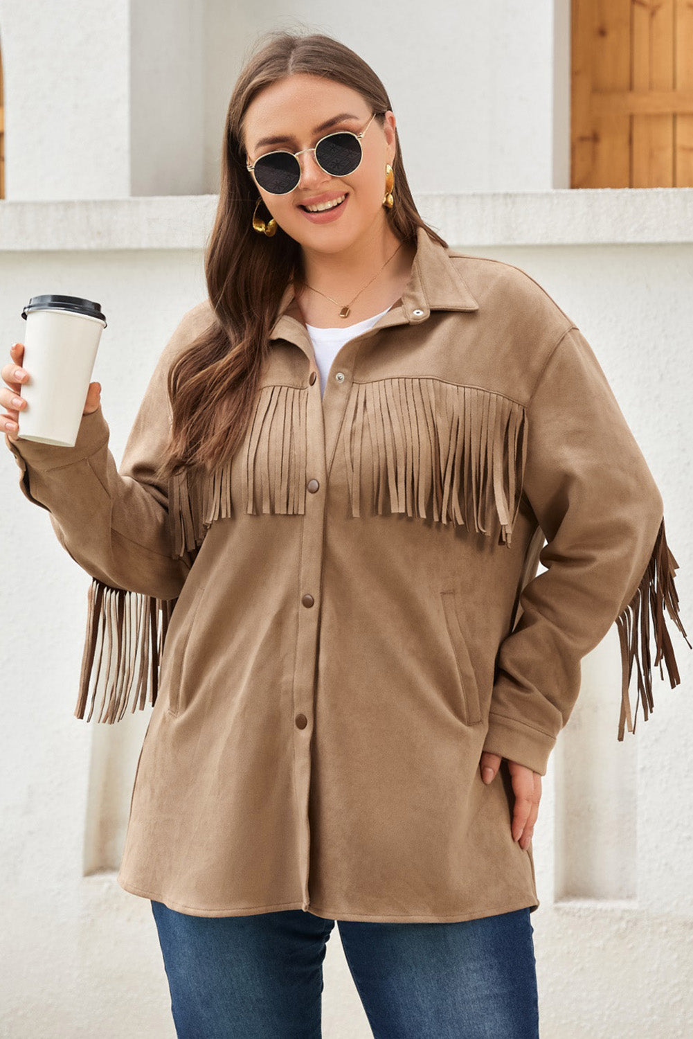 Khaki Fringe Trim Suede Shacket