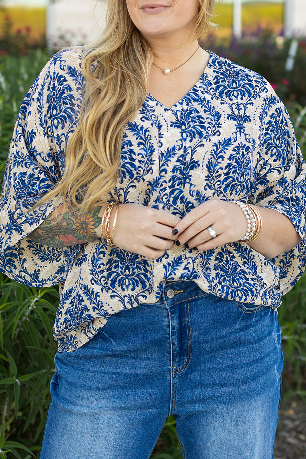 Blue 3/4 Sleeve Loose Blouse