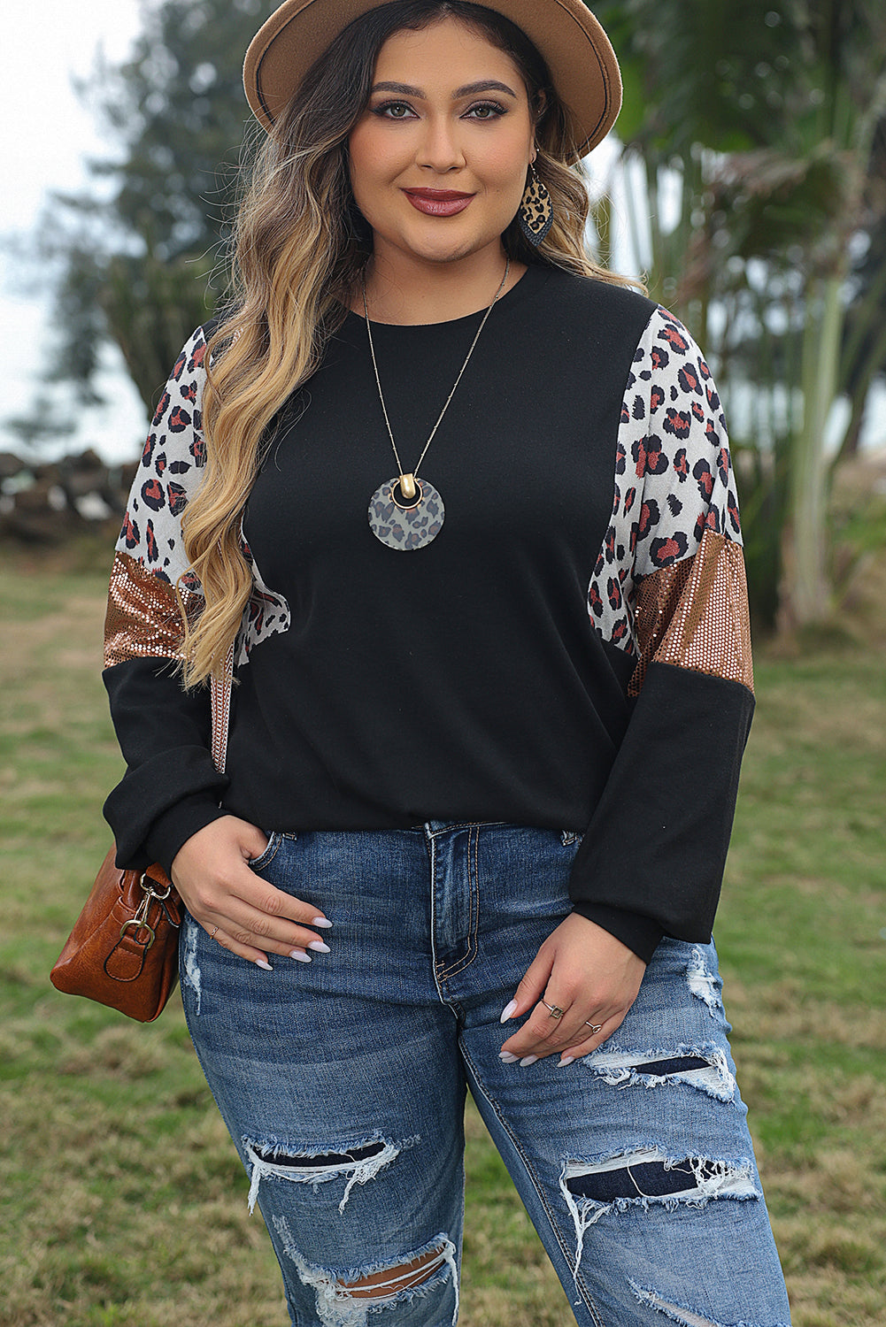 Black Leopard Sequin Patch Top