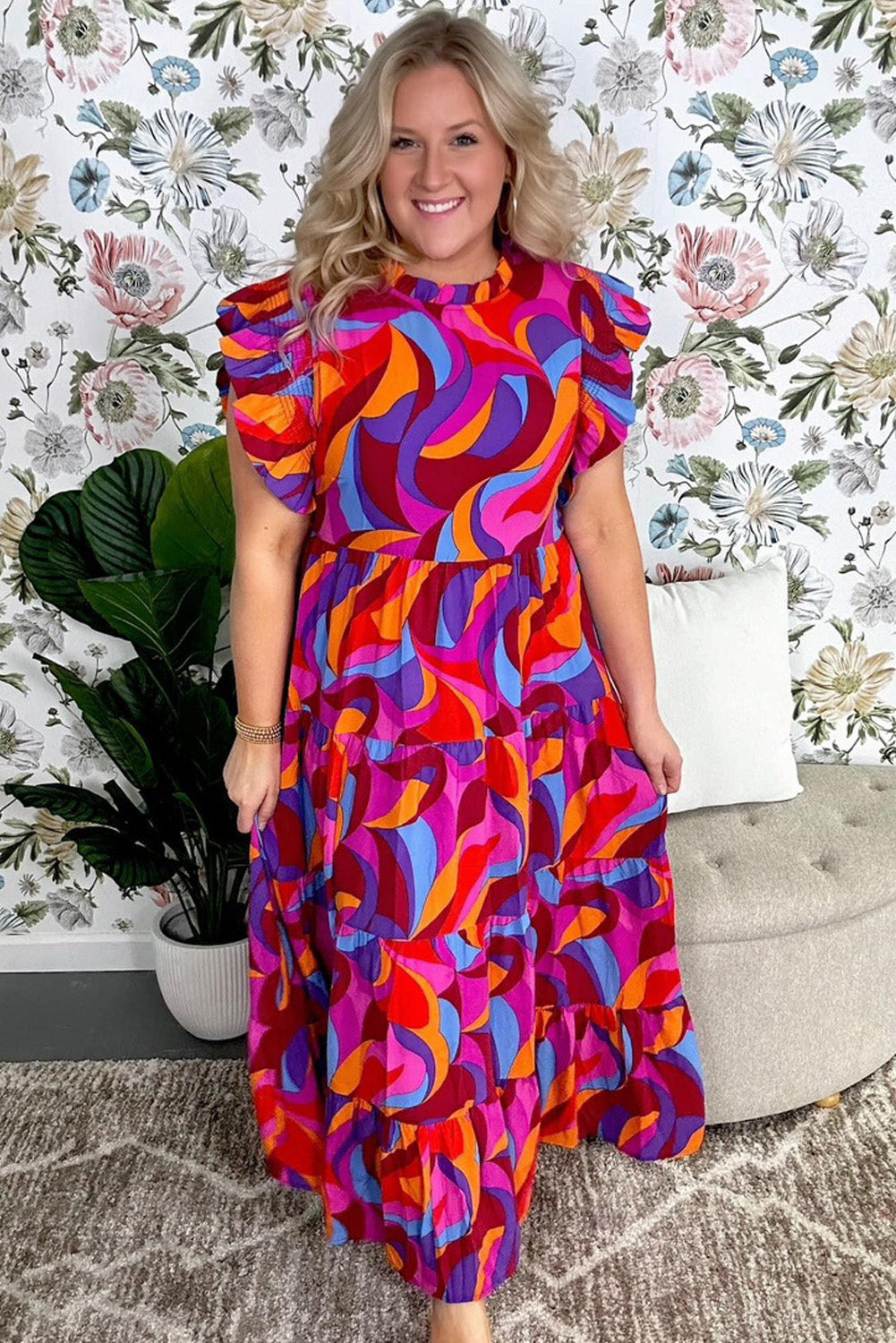 Abstract Print Ruffled Maxi Dress