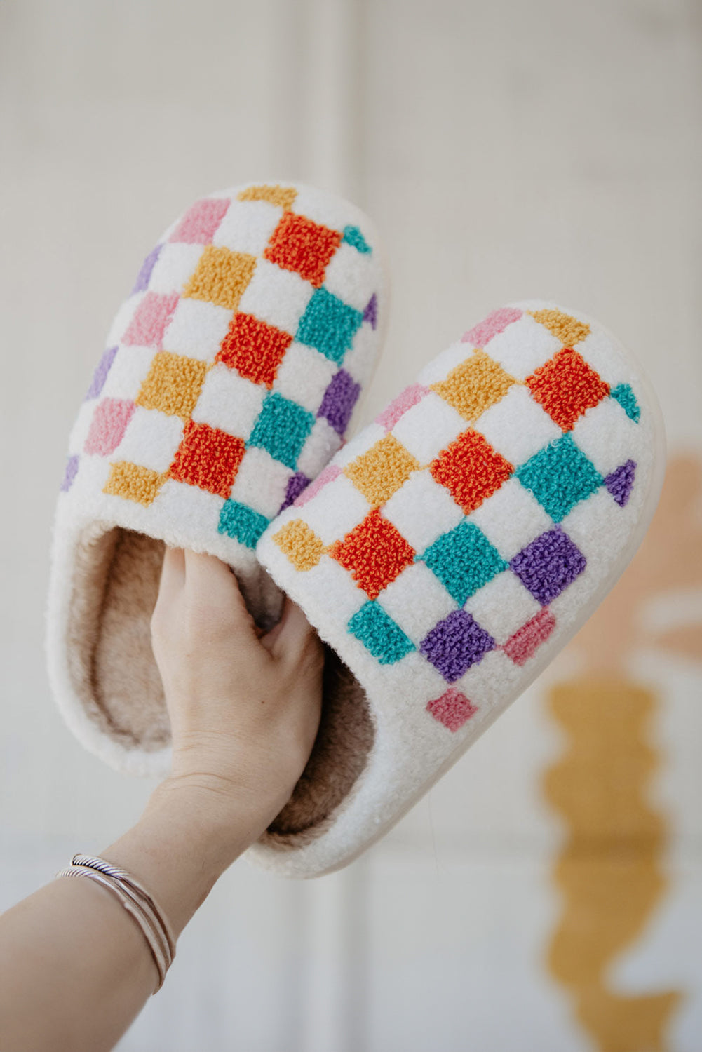 White Checkered Plush Thermal Slippers