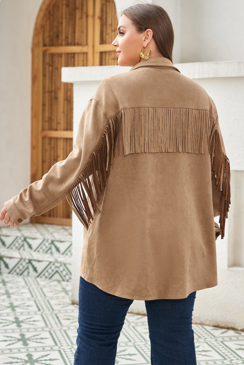 Khaki Fringe Trim Suede Shacket