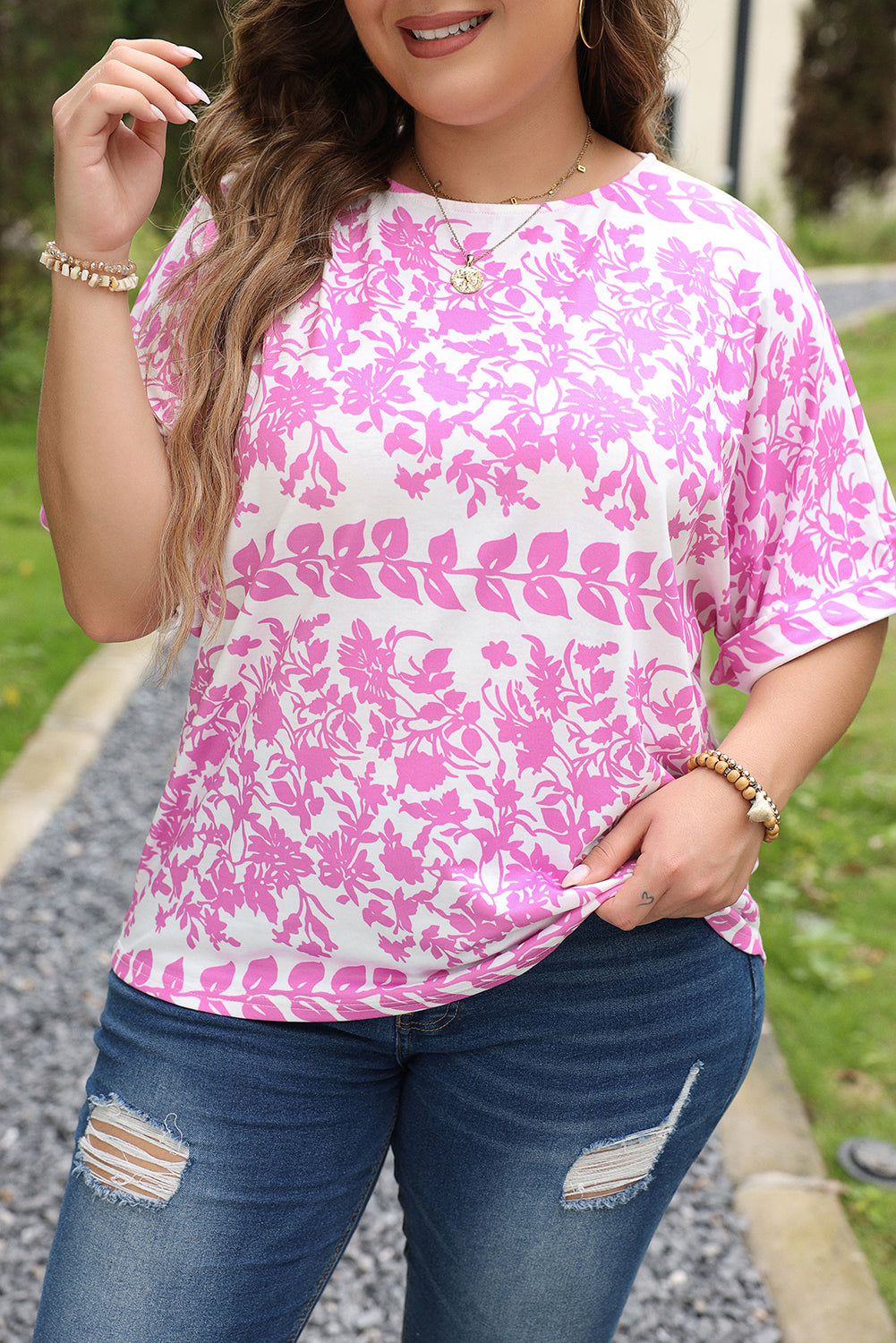 White Floral Curved Hem T-Shirt