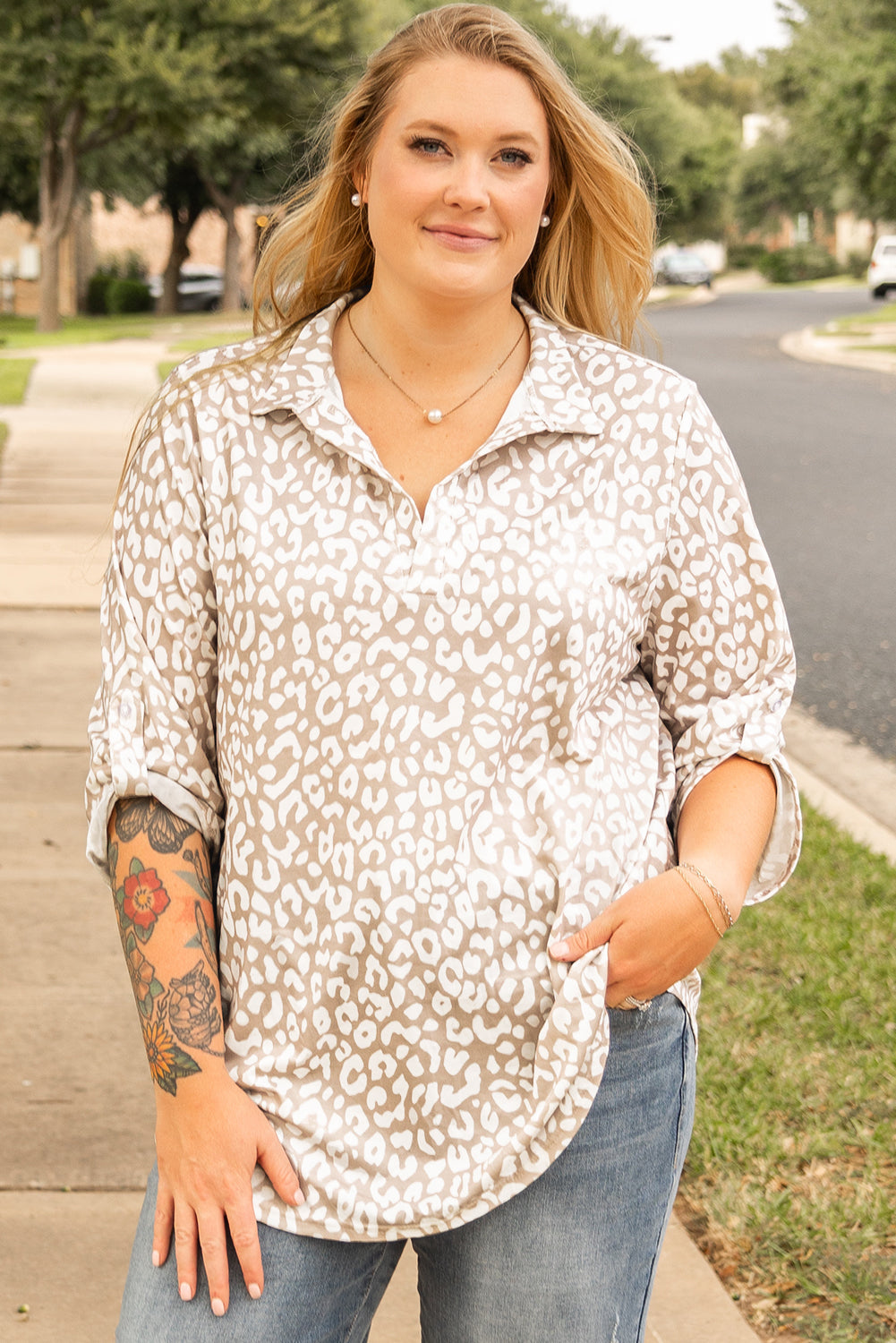 Apricot Leopard Tab Sleeve Top