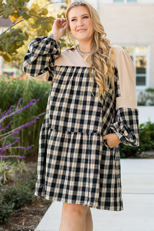 Black Plaid Waffle Knit Mini Dress