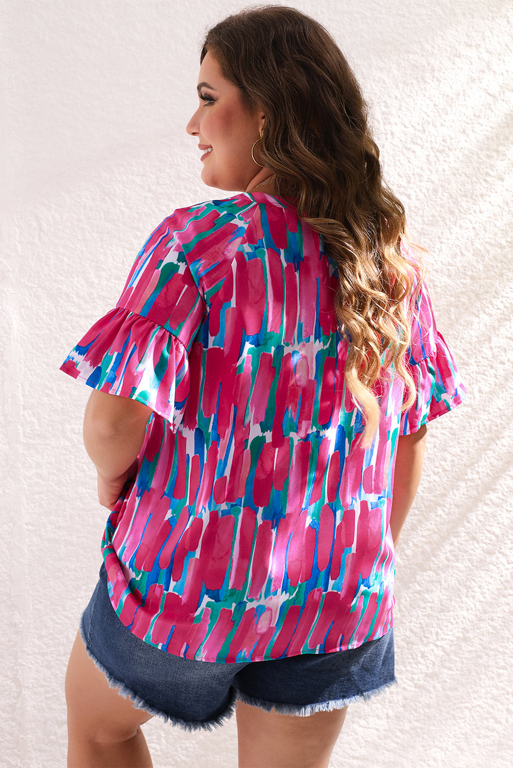 Brushstroke Rose Ruffle Sleeve Blouse