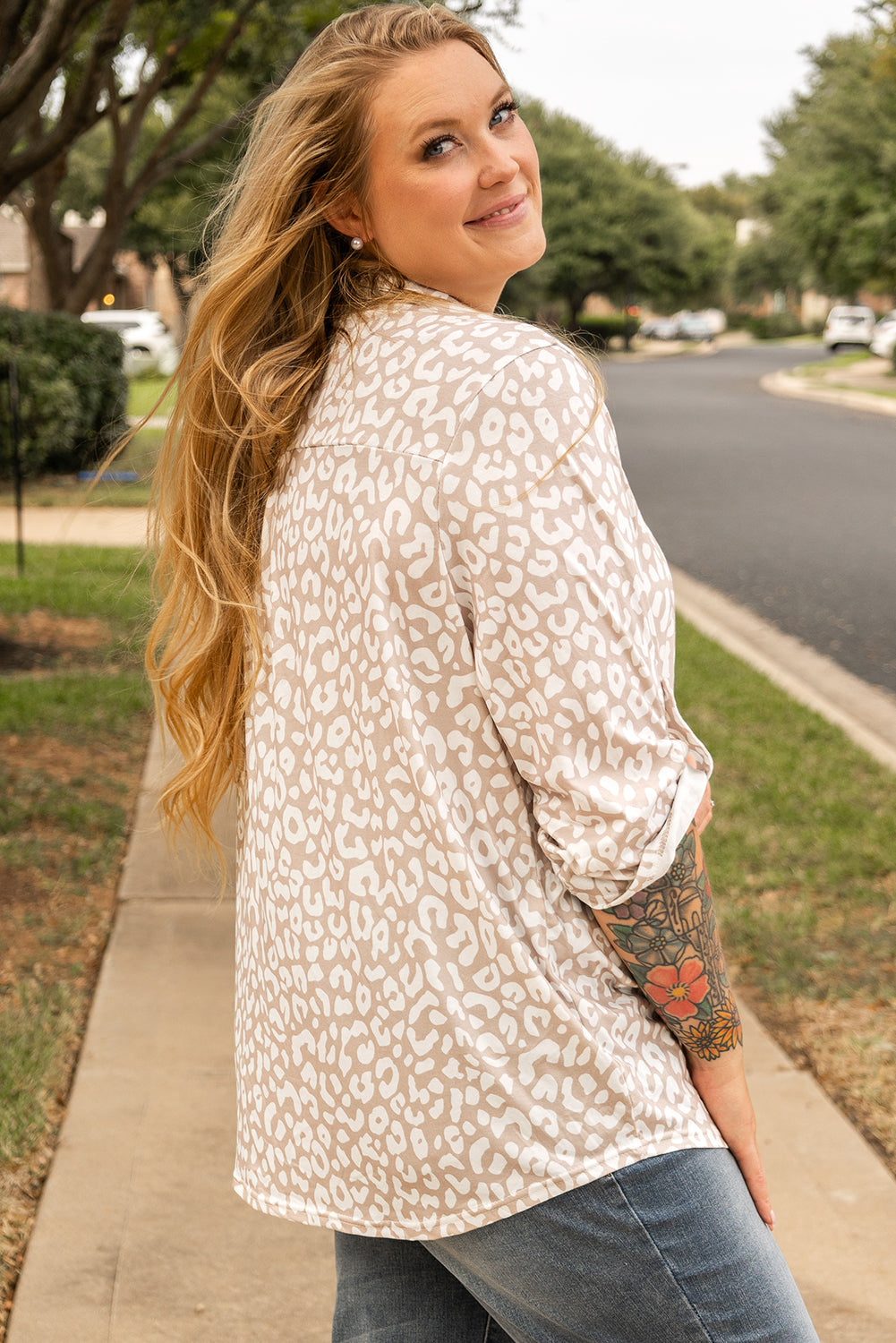 Apricot Leopard Tab Sleeve Top