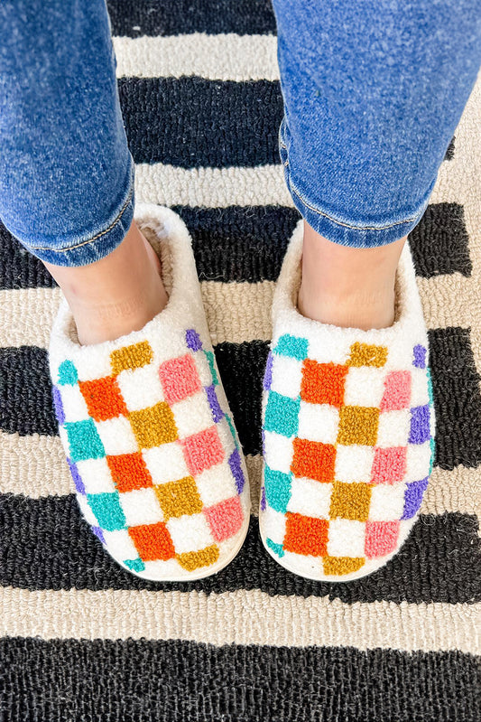 White Checkered Plush Thermal Slippers